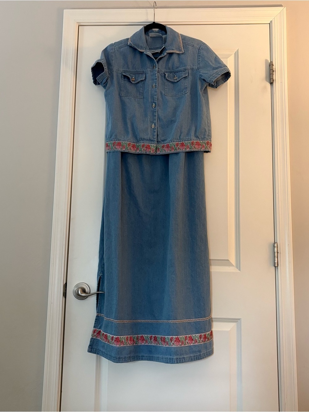 Vintage Blue Denim Cotton Dress and Shirt Sleeve Button Down Shirt Set